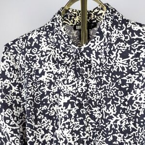 Carole Little Women L Button Down Navy White Abstract Linen Blend Ruched Shirt
